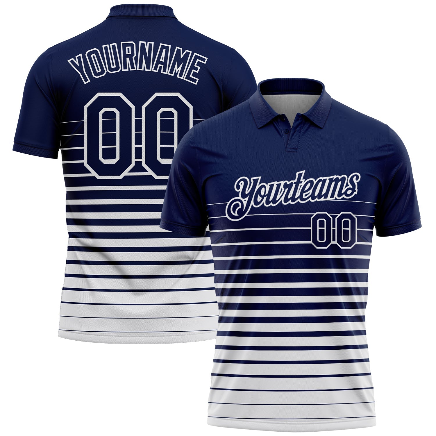 Custom Navy-White Horizontal Gradient Stripe Performance Polo Shirt - Main View