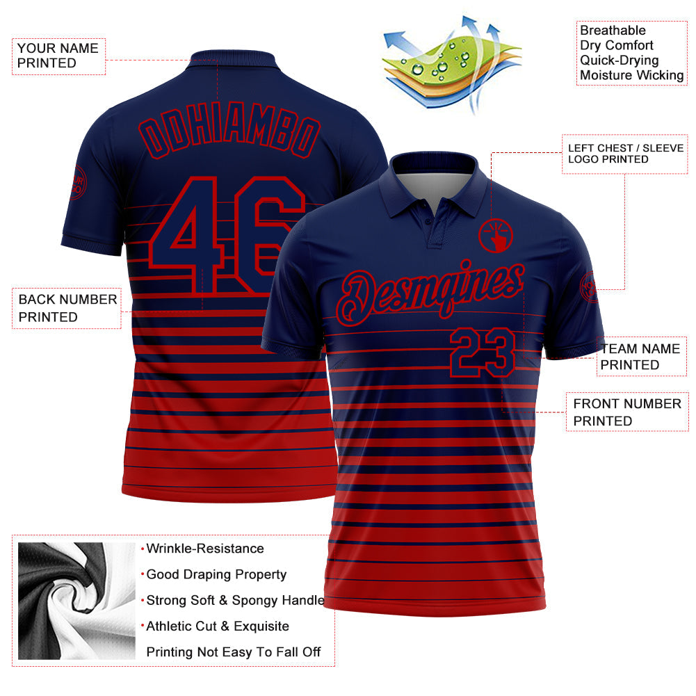 Custom Navy-Red Horizontal Gradient Stripe Performance Polo Shirt view 3
