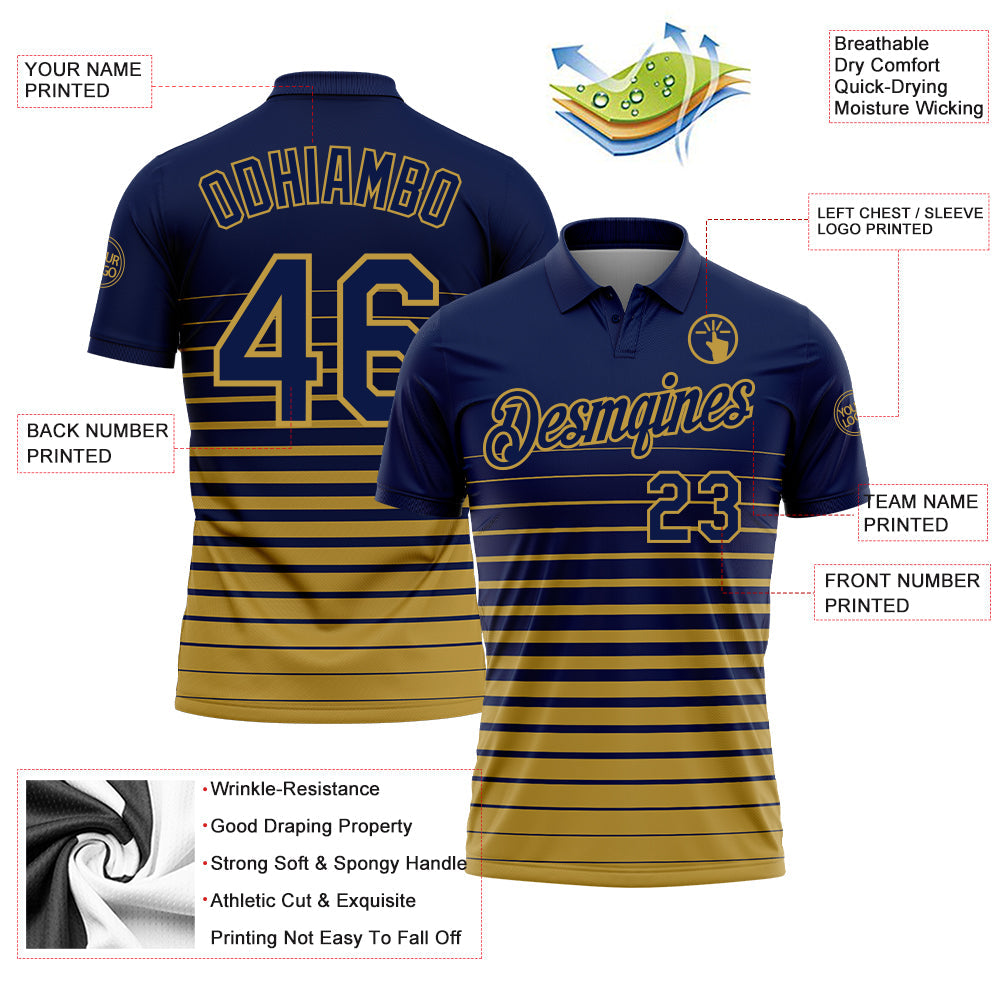 Custom Navy-Old Gold Horizontal Gradient Stripe Performance Polo Shirt view 3