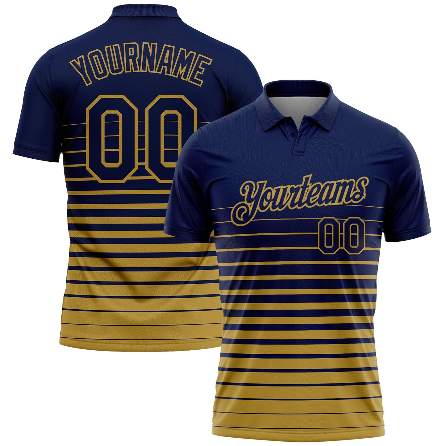 Custom Navy-Old Gold Horizontal Gradient Stripe Performance Polo Shirt - Main View