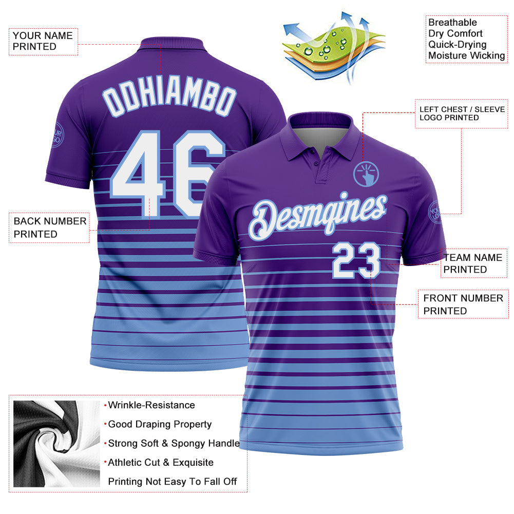 Custom Purple White-Light Blue Horizontal Gradient Stripe Performance Polo Shirt view 3