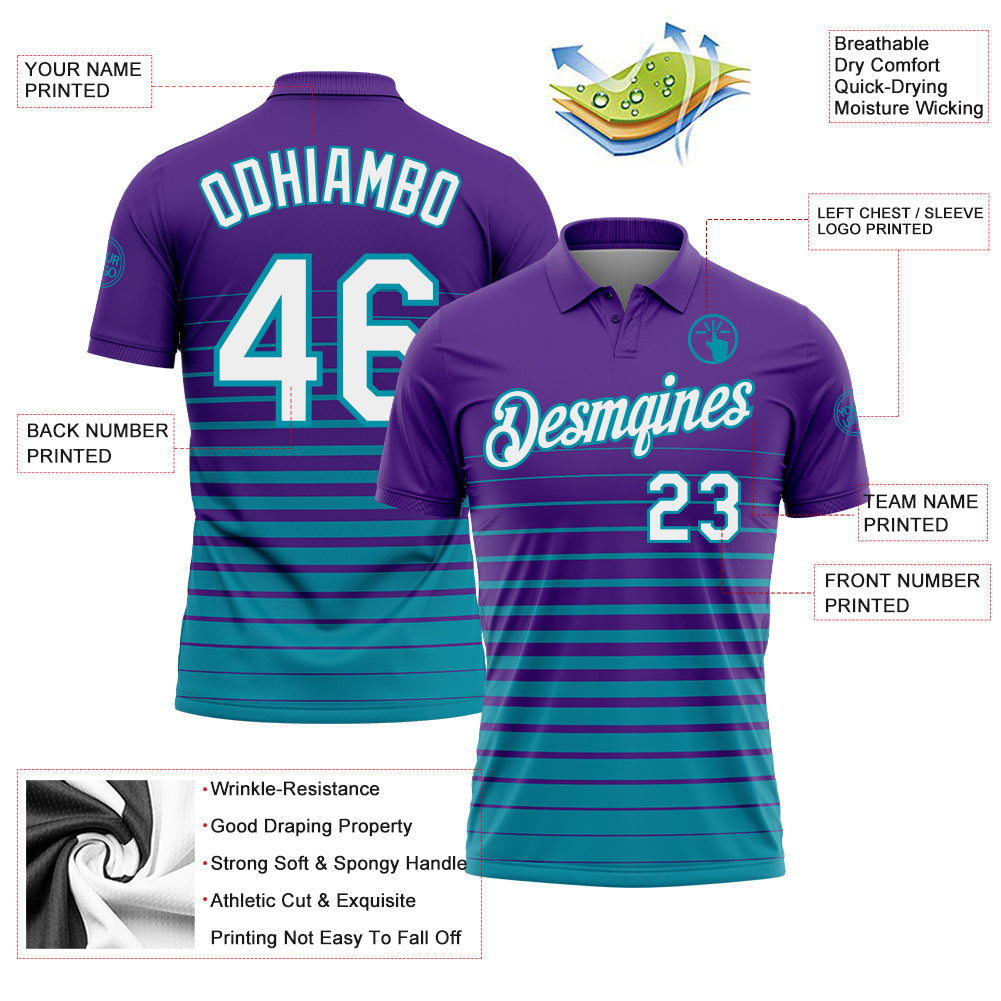 Custom Purple White-Teal Horizontal Gradient Stripe Performance Polo Shirt view 3