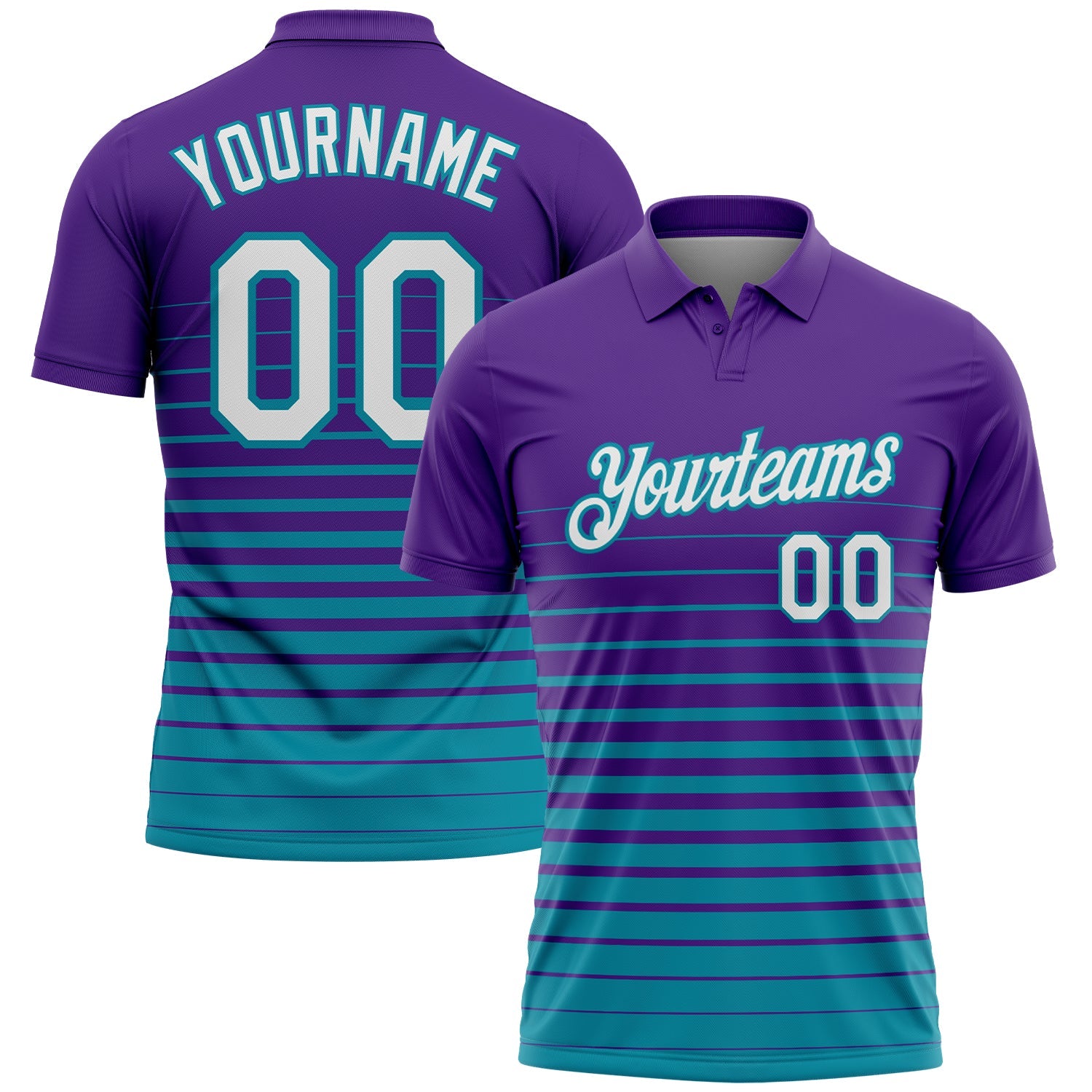 Custom Purple White-Teal Horizontal Gradient Stripe Performance Polo Shirt - Main View