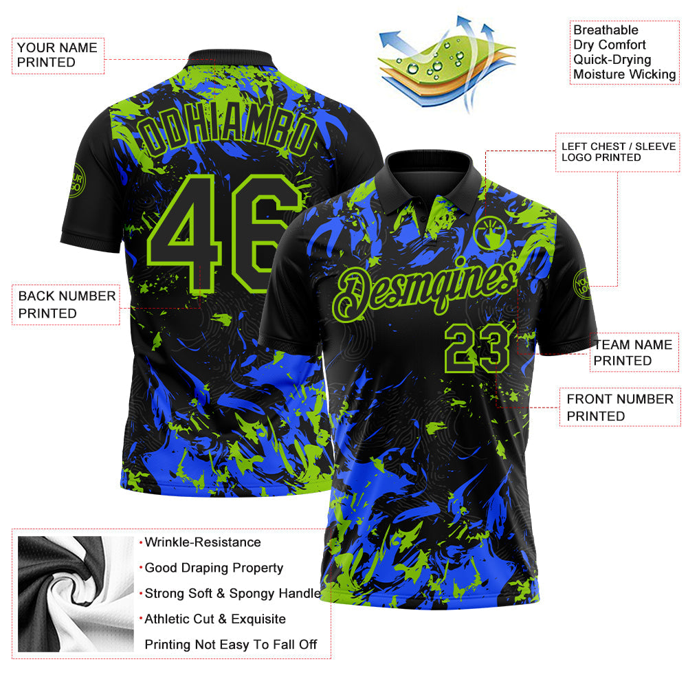 Custom Black Royal-Neon Green Dynamic Splatter Brush Stroke Performance Polo Shirt view 3