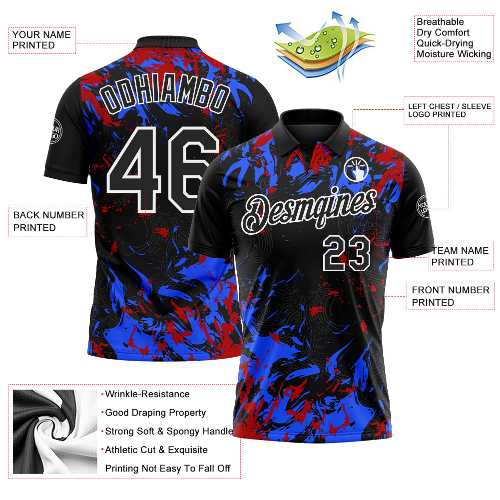 Custom Black Royal Red-White Dynamic Splatter Brush Stroke Performance Polo Shirt view 3