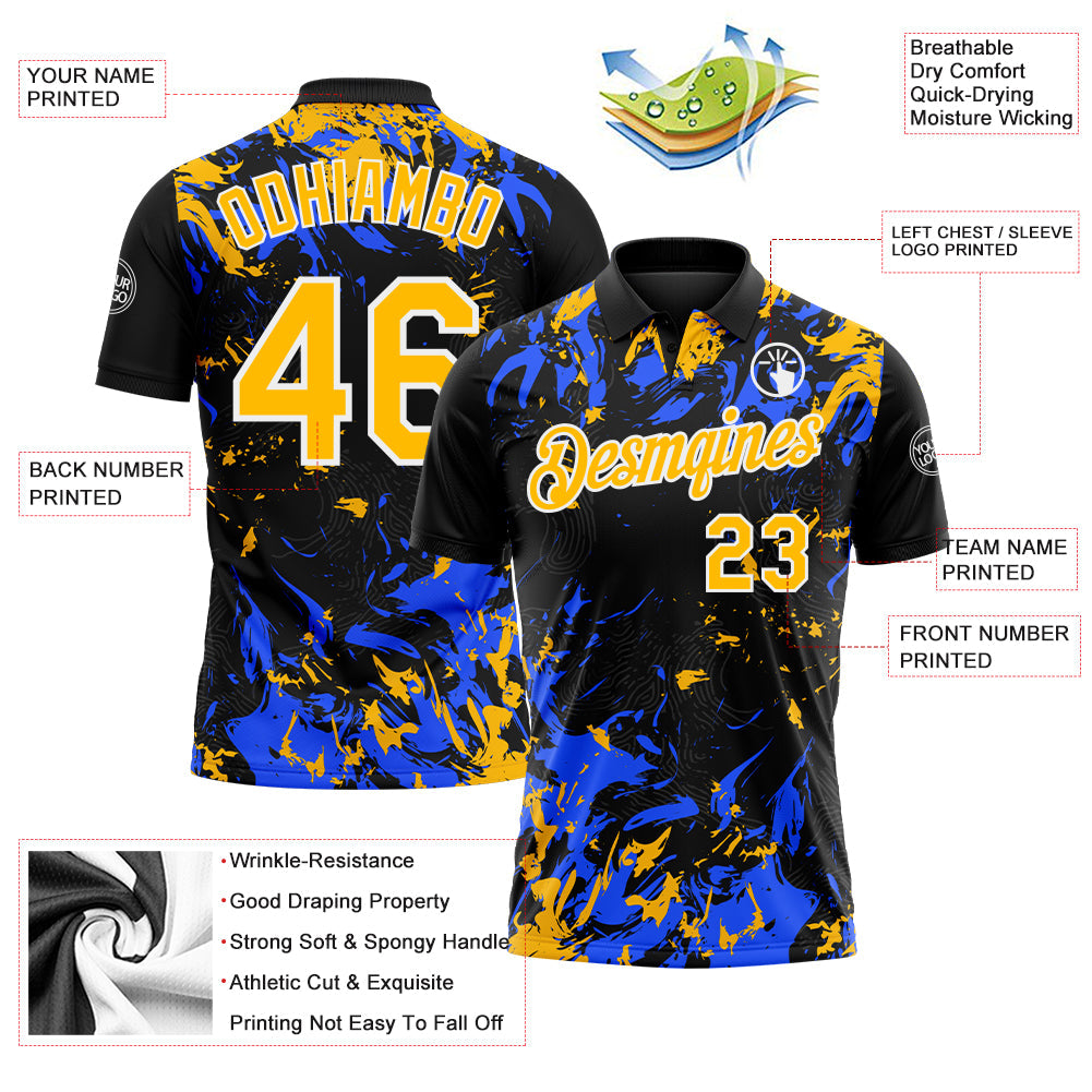 Custom Black Gold Royal-White Dynamic Splatter Brush Stroke Performance Polo Shirt view 3