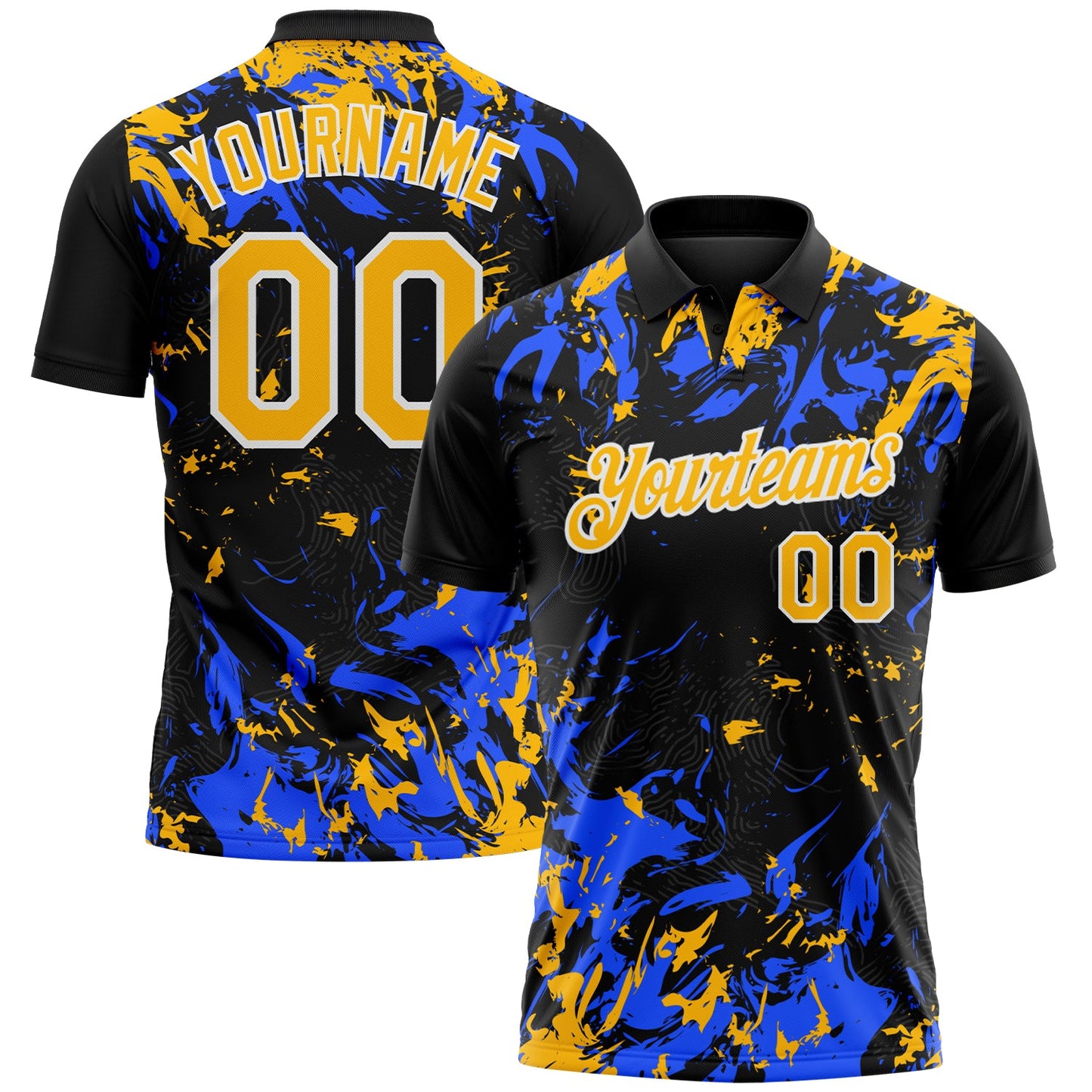 Custom Black Gold Royal-White Dynamic Splatter Brush Stroke Performance Polo Shirt - Main View