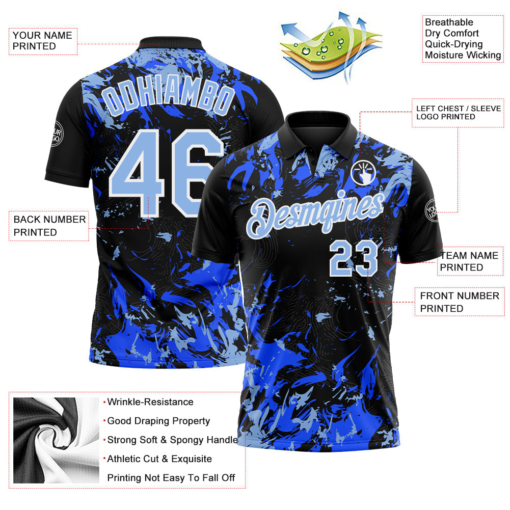 Custom Black Light Blue Royal-White Dynamic Splatter Brush Stroke Performance Polo Shirt view 3