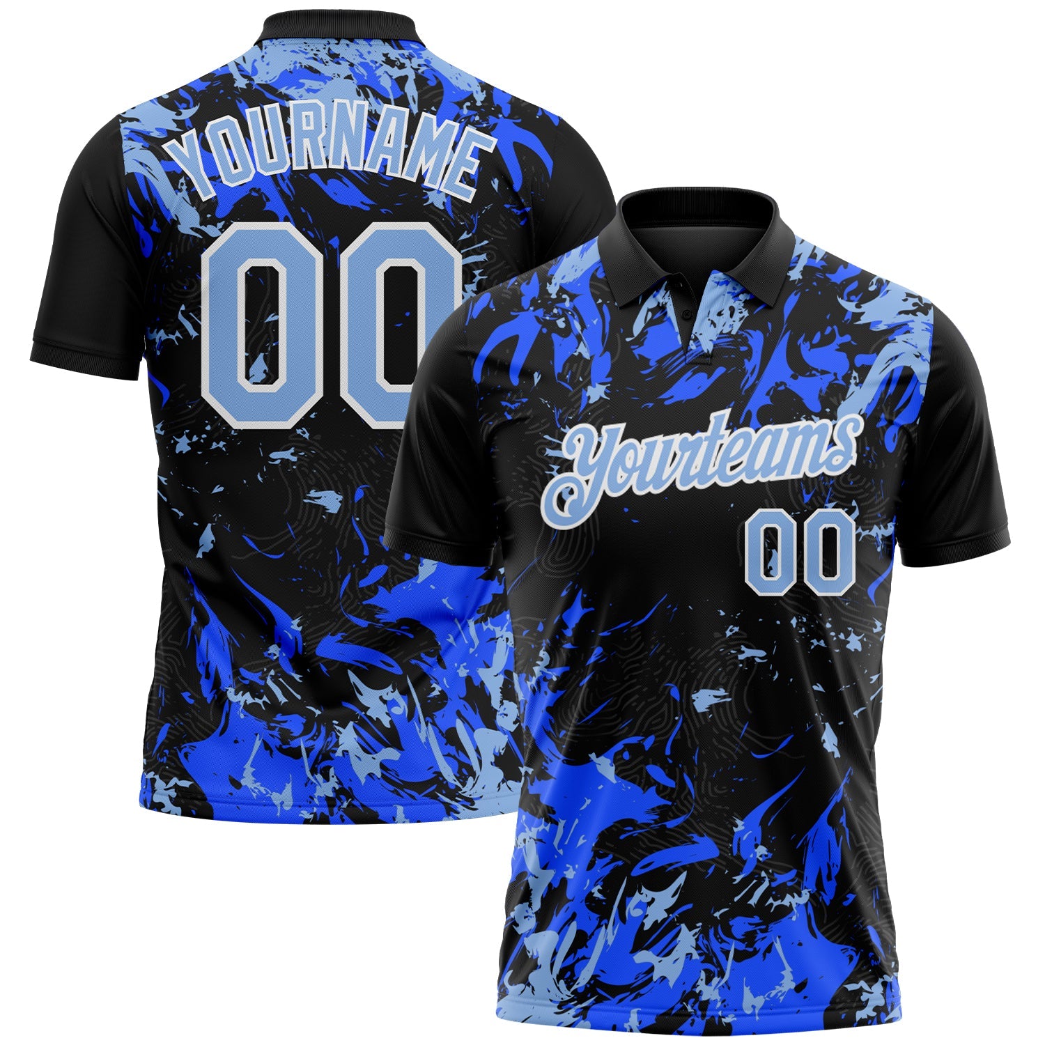 Custom Black Light Blue Royal-White Dynamic Splatter Brush Stroke Performance Polo Shirt - Main View