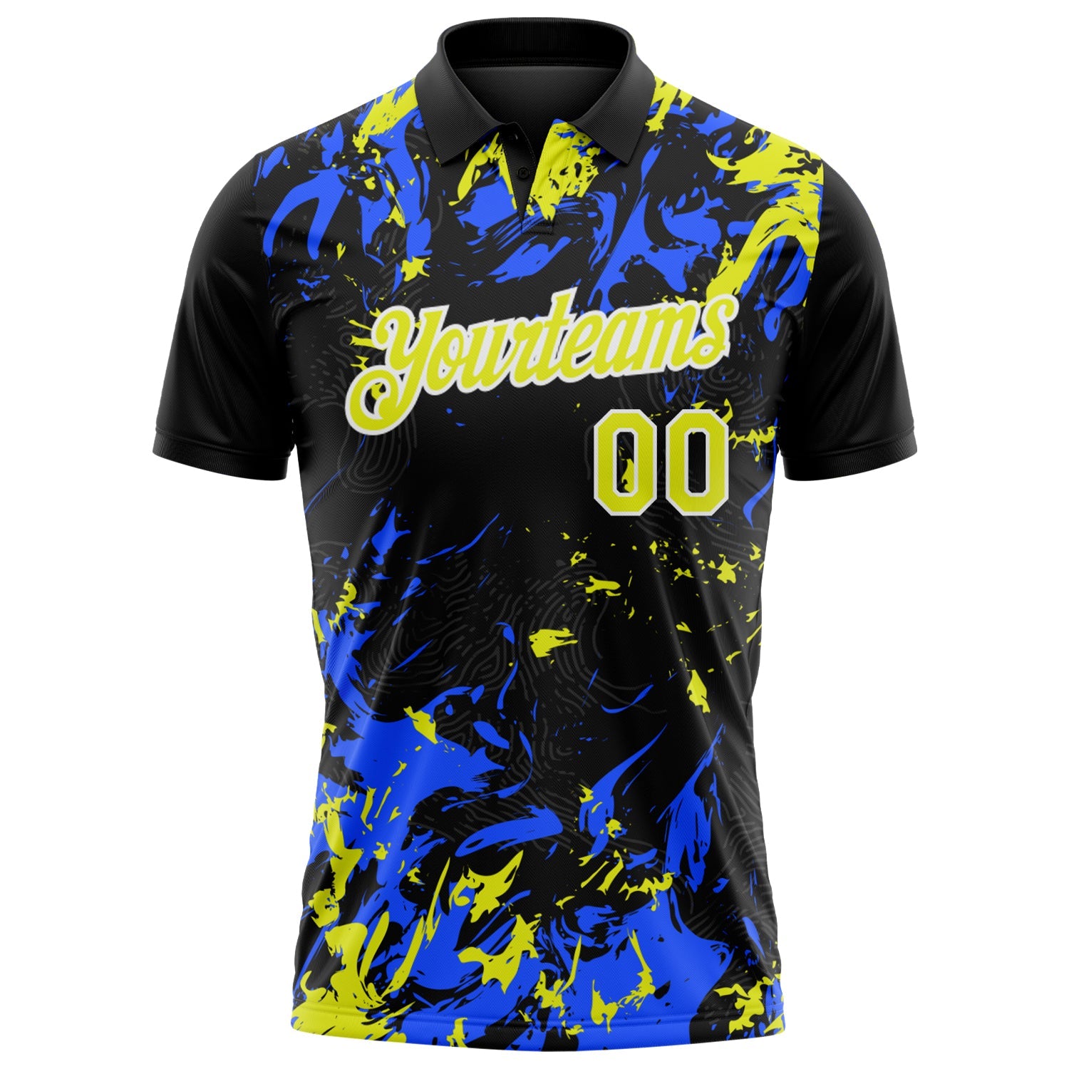Custom Black Neon Yellow Royal-White Dynamic Splatter Brush Stroke Performance Polo Shirt view 2