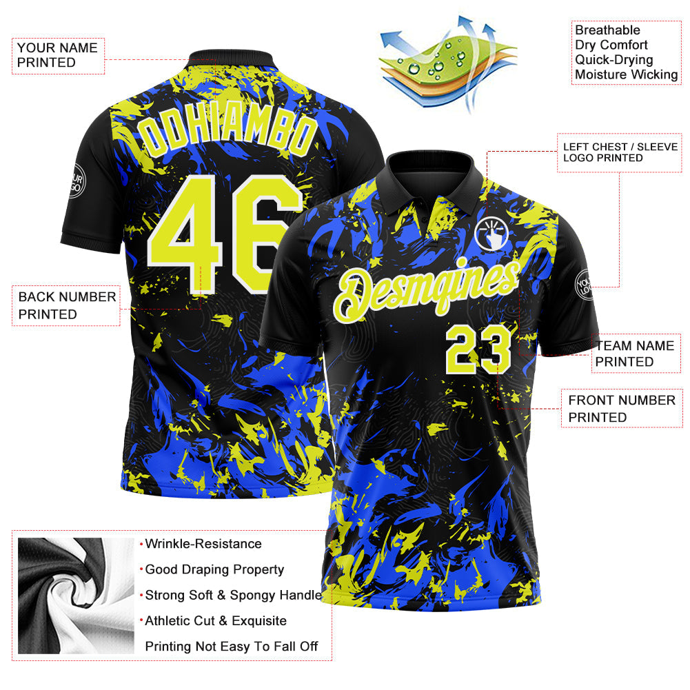 Custom Black Neon Yellow Royal-White Dynamic Splatter Brush Stroke Performance Polo Shirt view 3