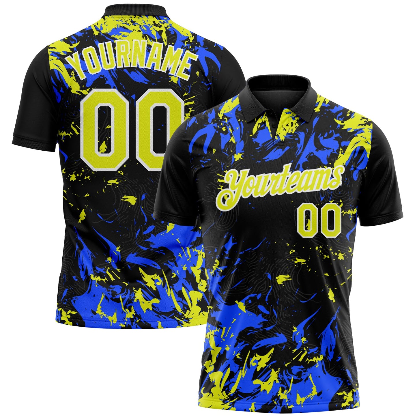 Custom Black Neon Yellow Royal-White Dynamic Splatter Brush Stroke Performance Polo Shirt - Main View