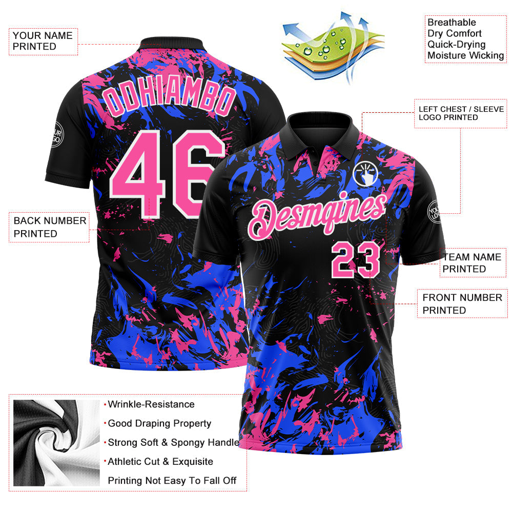 Custom Black Pink Royal-White Dynamic Splatter Brush Stroke Performance Polo Shirt view 3