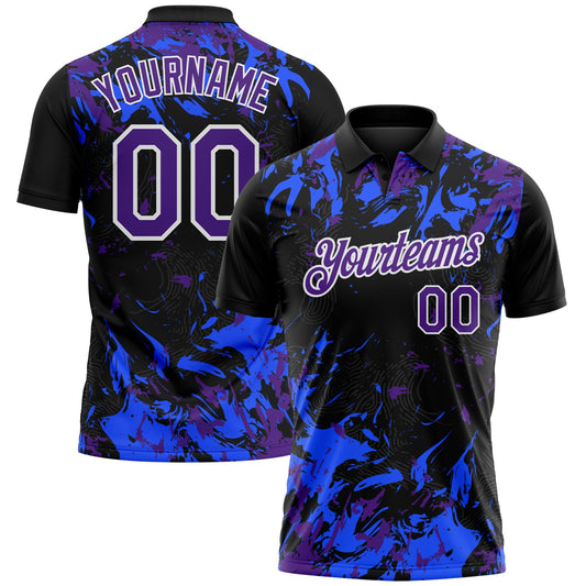 Custom Black Purple Royal-White Dynamic Splatter Brush Stroke Performance Polo Shirt - Main View