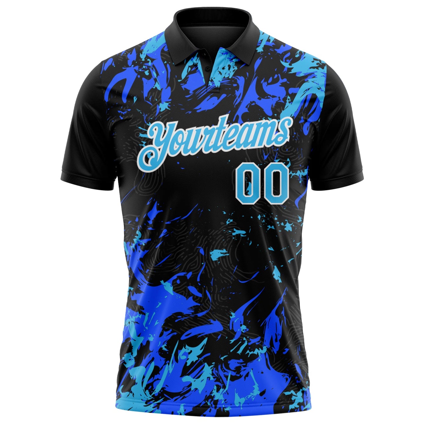 Custom Black Sky Blue Royal-White Dynamic Splatter Brush Stroke Performance Polo Shirt view 2