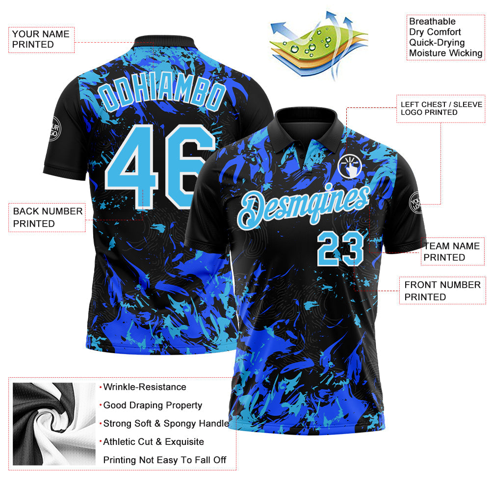 Custom Black Sky Blue Royal-White Dynamic Splatter Brush Stroke Performance Polo Shirt view 3