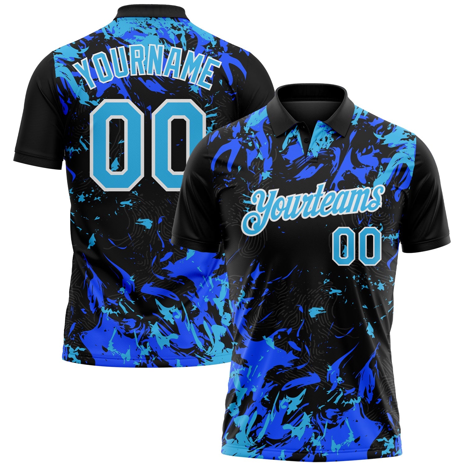 Custom Black Sky Blue Royal-White Dynamic Splatter Brush Stroke Performance Polo Shirt - Main View