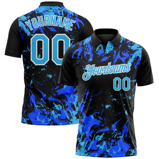 Custom Black Sky Blue Royal-White Dynamic Splatter Brush Stroke Performance Polo Shirt - Main View