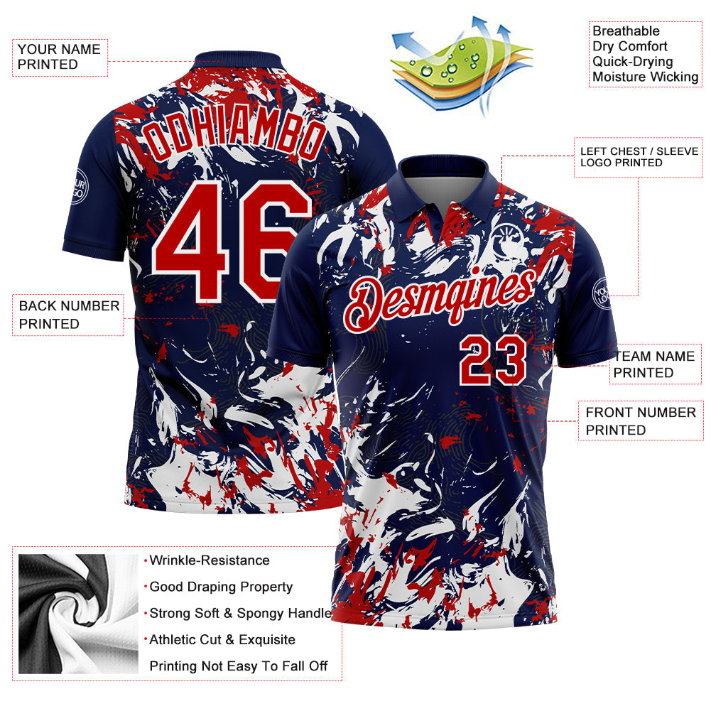 Custom Navy Red-White Dynamic Splatter Brush Stroke Performance Polo Shirt view 3