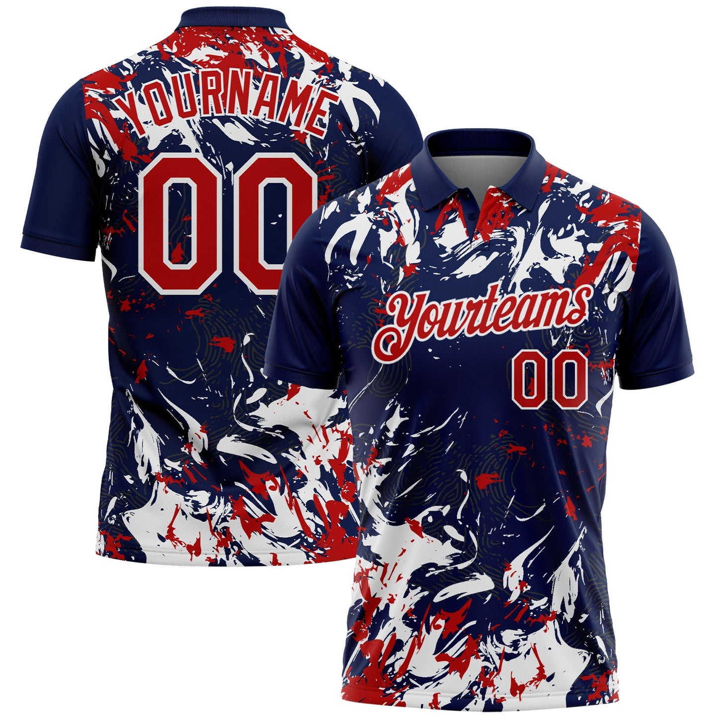 Custom Navy Red-White Dynamic Splatter Brush Stroke Performance Polo Shirt - Main View