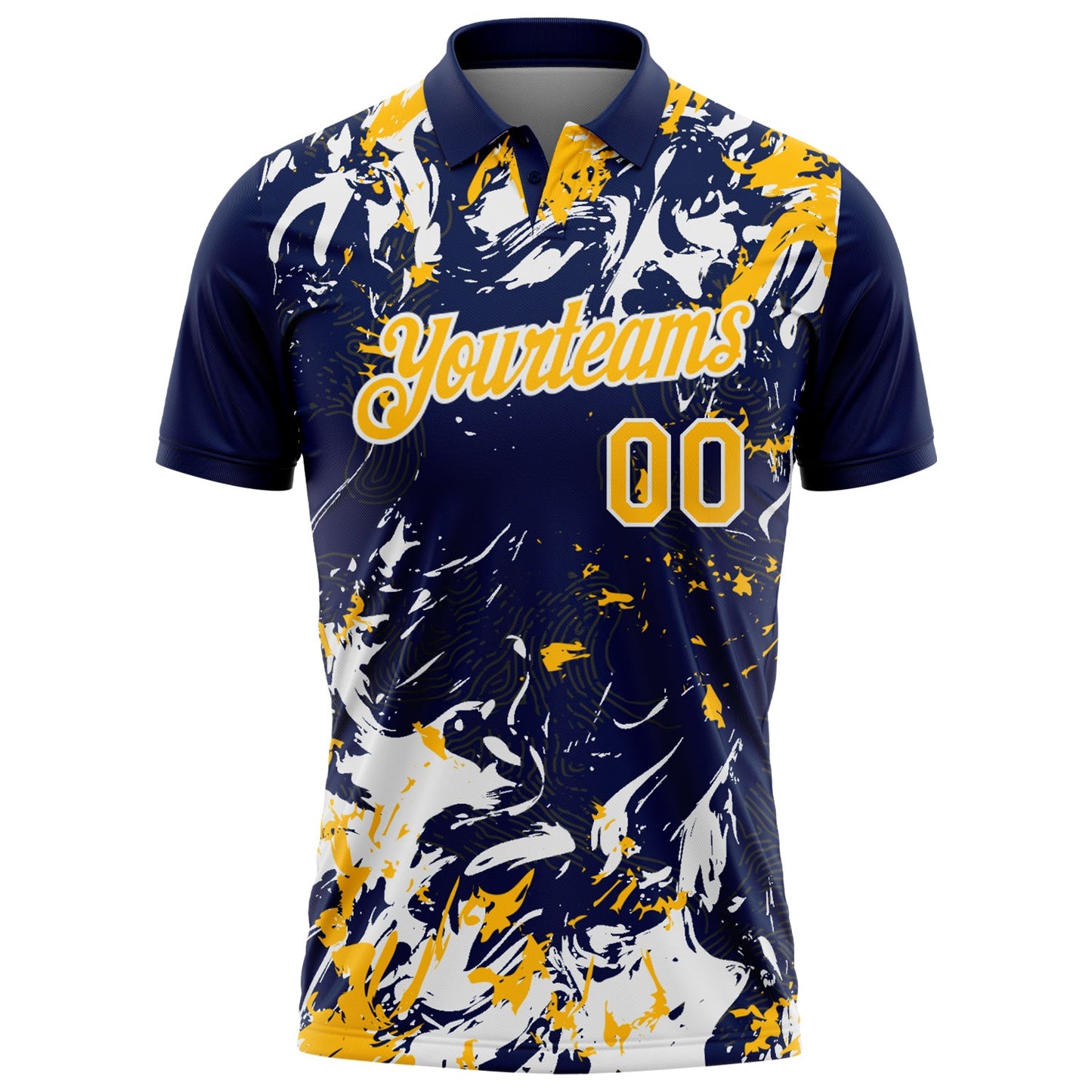 Custom Navy Gold-White Dynamic Splatter Brush Stroke Performance Polo Shirt view 2