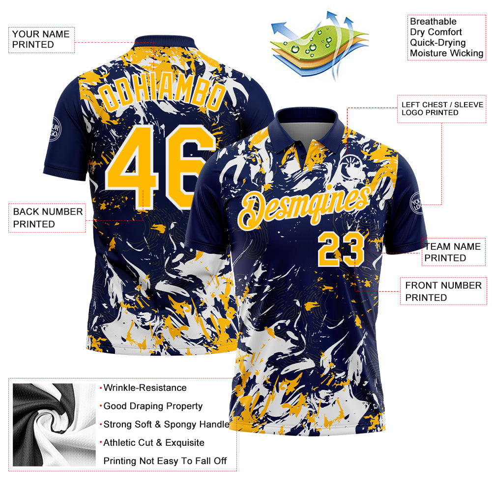 Custom Navy Gold-White Dynamic Splatter Brush Stroke Performance Polo Shirt view 3