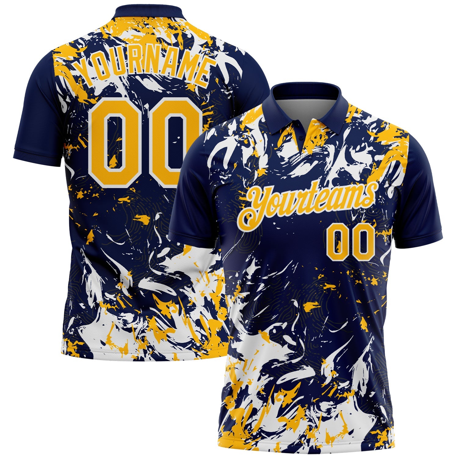 Custom Navy Gold-White Dynamic Splatter Brush Stroke Performance Polo Shirt - Main View