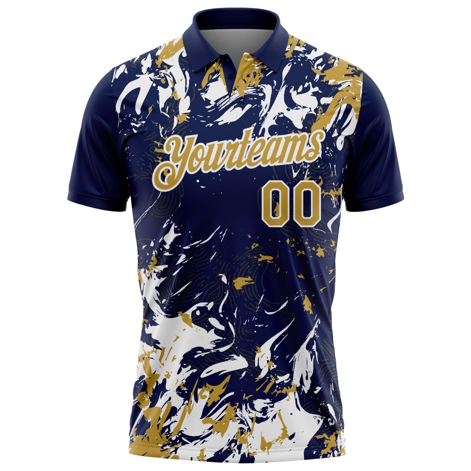 Custom Navy Old Gold-White Dynamic Splatter Brush Stroke Performance Polo Shirt view 2