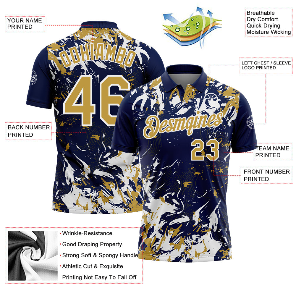Custom Navy Old Gold-White Dynamic Splatter Brush Stroke Performance Polo Shirt view 3