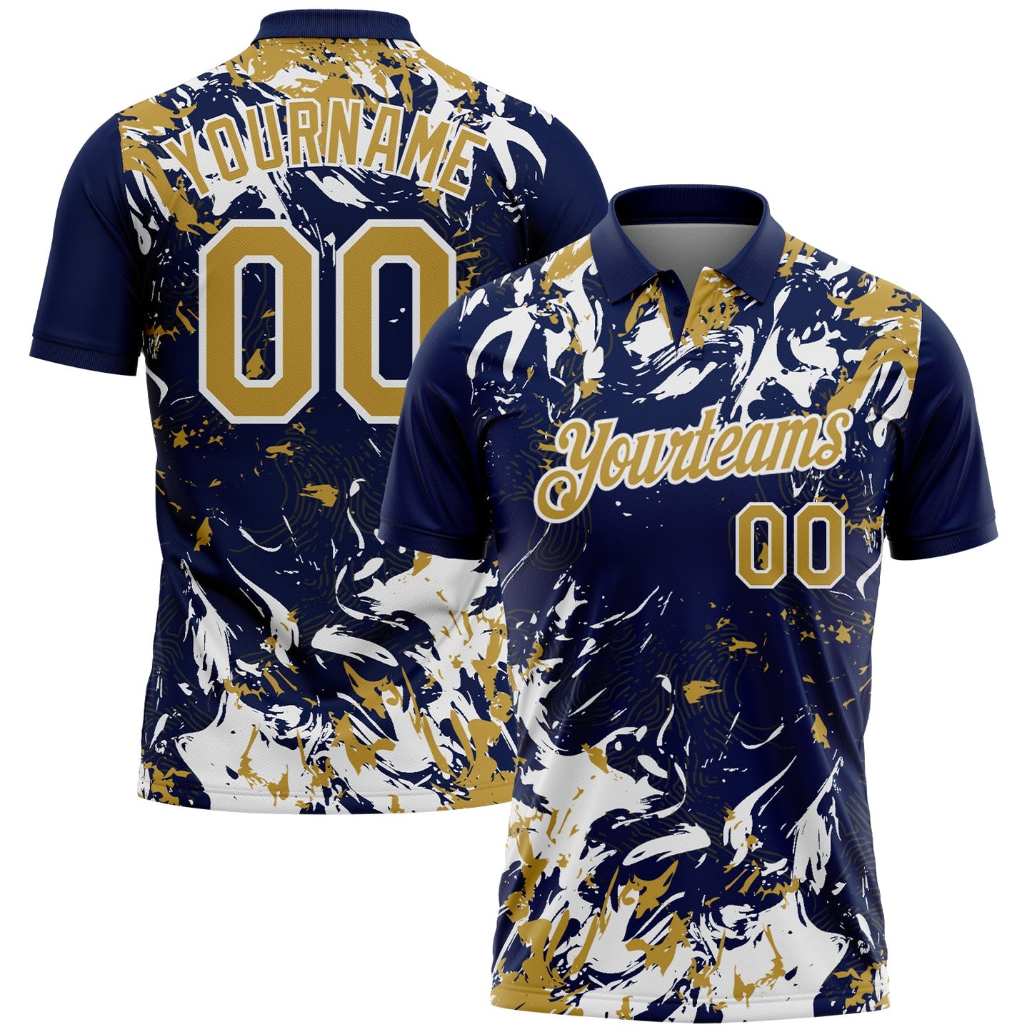 Custom Navy Old Gold-White Dynamic Splatter Brush Stroke Performance Polo Shirt - Main View