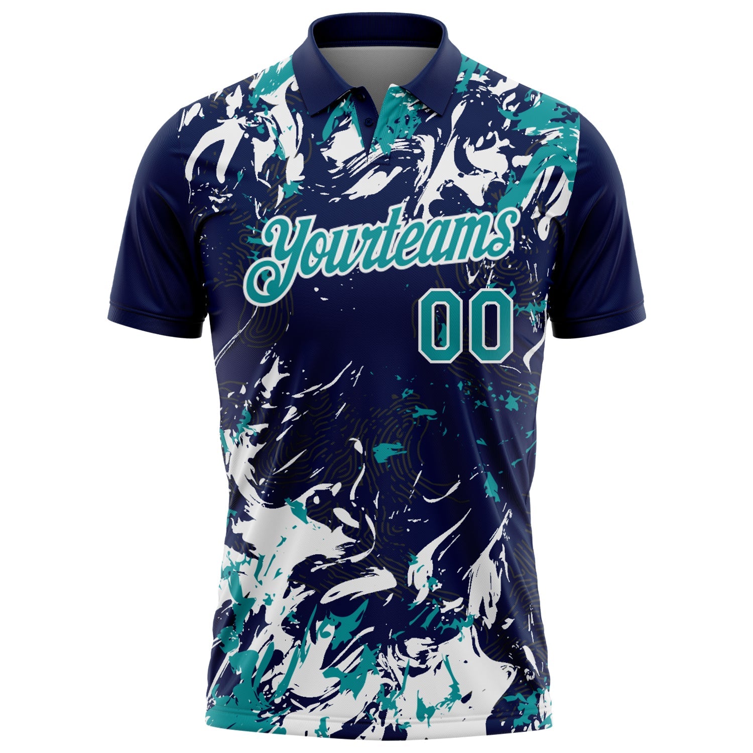Custom Navy Teal-White Dynamic Splatter Brush Stroke Performance Polo Shirt view 2