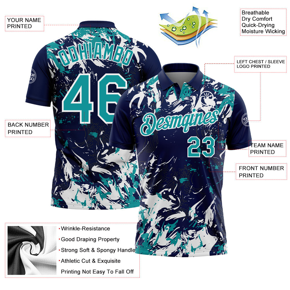 Custom Navy Teal-White Dynamic Splatter Brush Stroke Performance Polo Shirt view 3