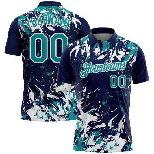 Custom Navy Teal-White Dynamic Splatter Brush Stroke Performance Polo Shirt - Main View
