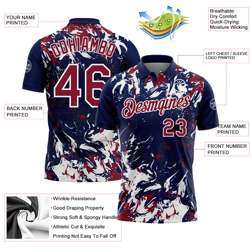 Custom Navy Crimson-White Dynamic Splatter Brush Stroke Performance Polo Shirt view 3