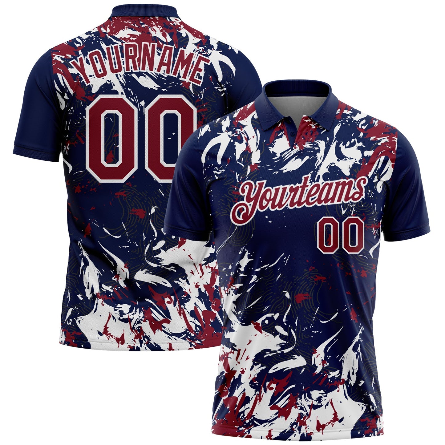 Custom Navy Crimson-White Dynamic Splatter Brush Stroke Performance Polo Shirt - Main View