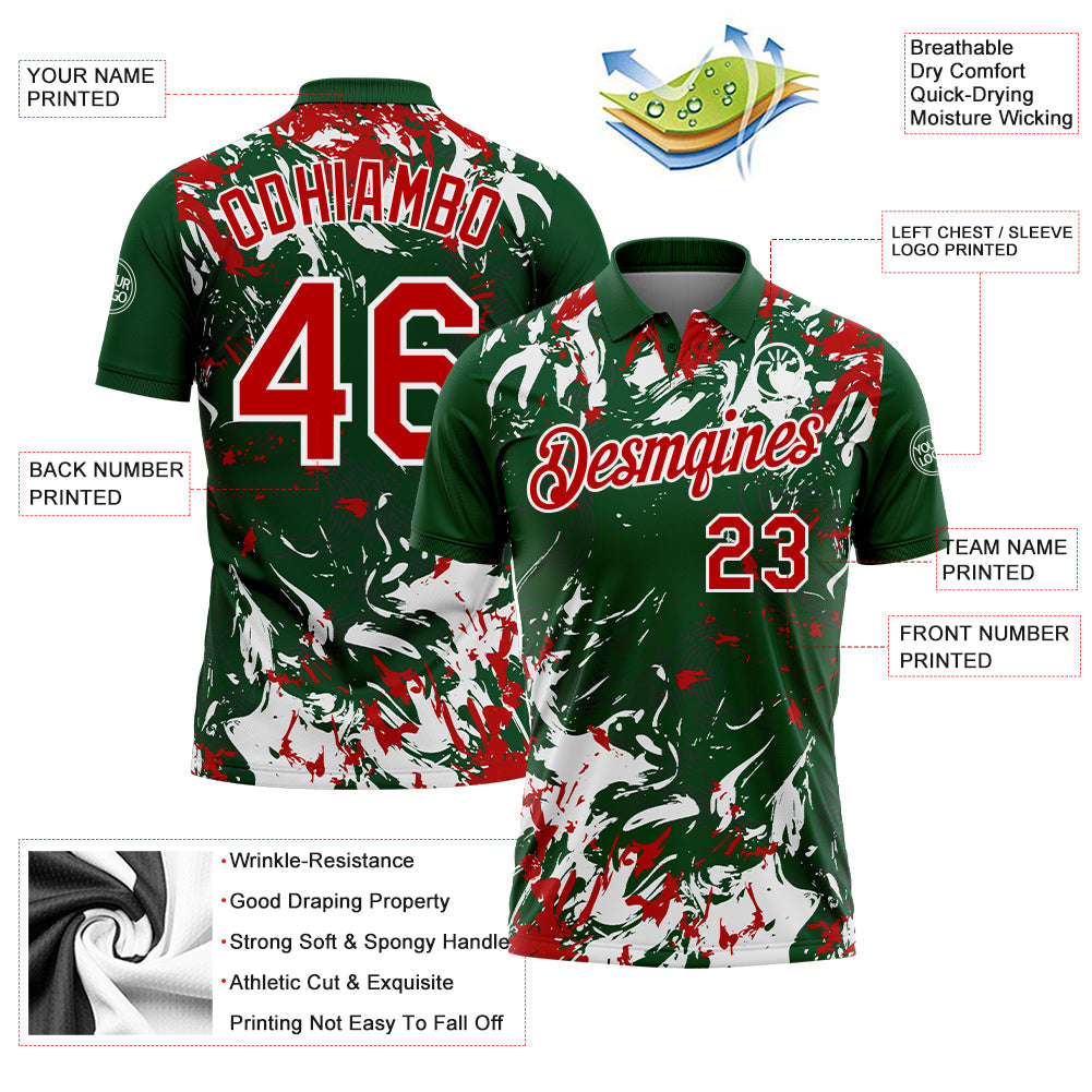 Custom Green Red-White Dynamic Splatter Brush Stroke Performance Polo Shirt view 3