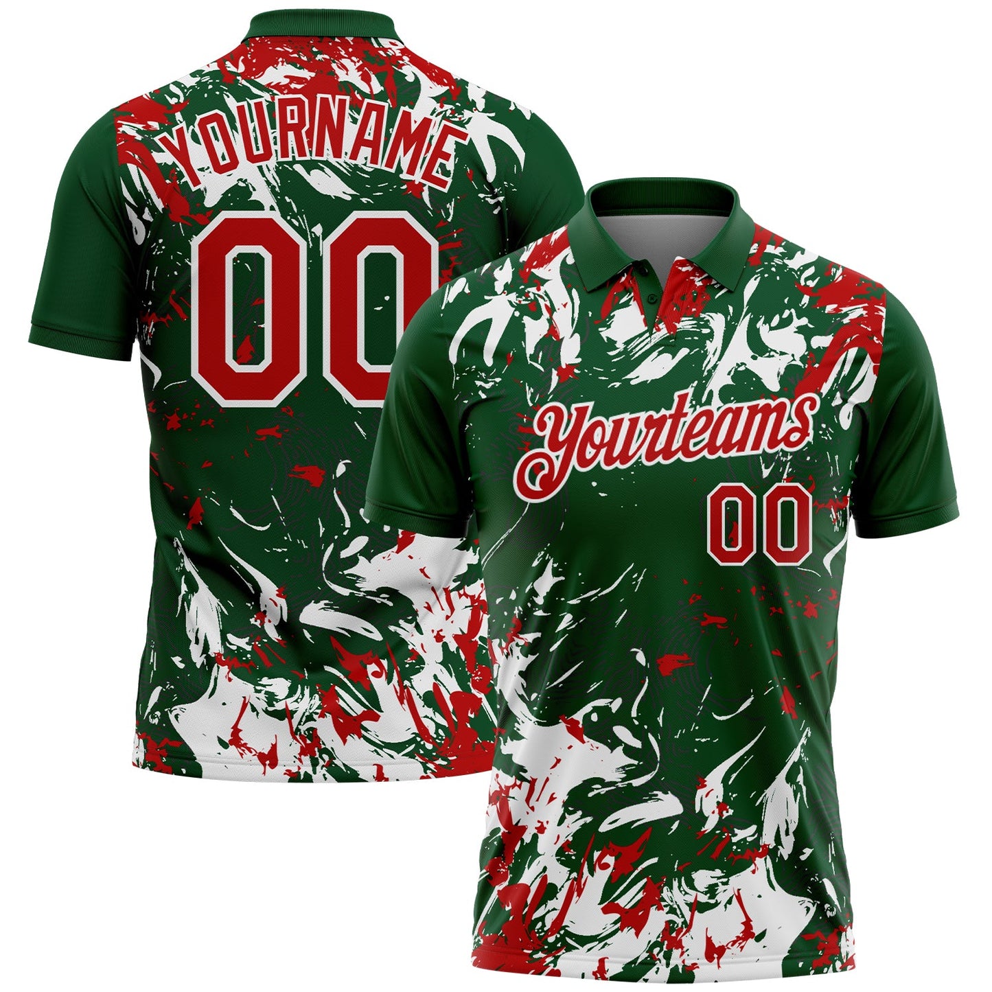 Custom Green Red-White Dynamic Splatter Brush Stroke Performance Polo Shirt - Main View