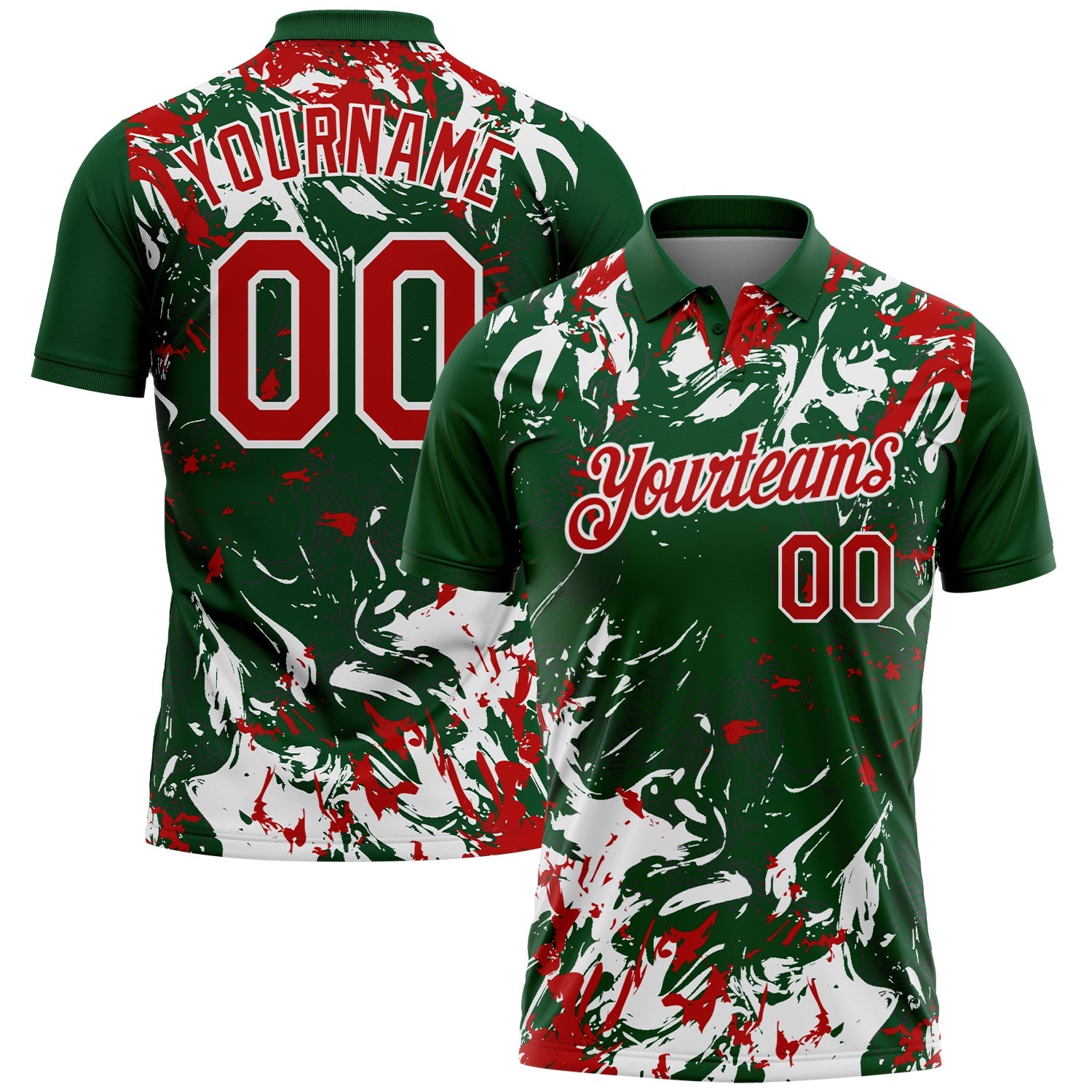 Custom Green Red-White Dynamic Splatter Brush Stroke Performance Polo Shirt - Main View