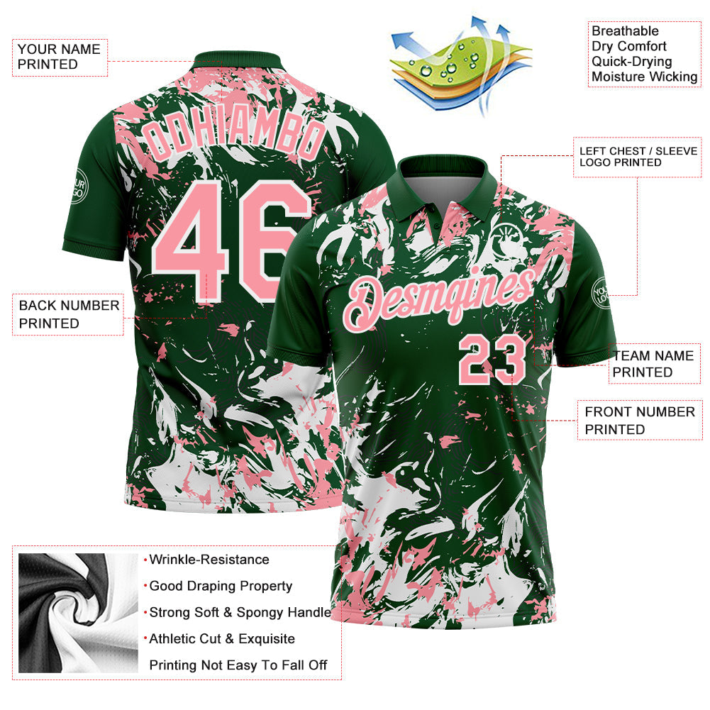 Custom Green Medium Pink-White Dynamic Splatter Brush Stroke Performance Polo Shirt view 3
