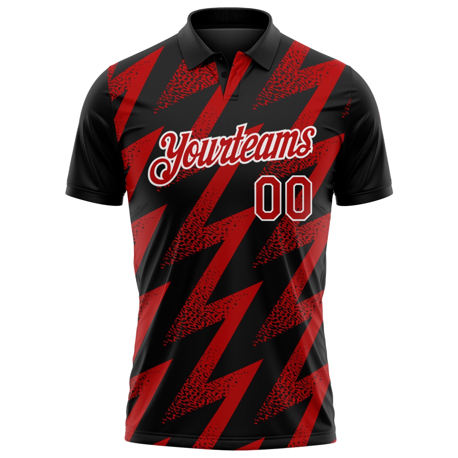 Custom Black Red-White Geometric Zigzag Shape Lightning Performance Polo Shirt view 2