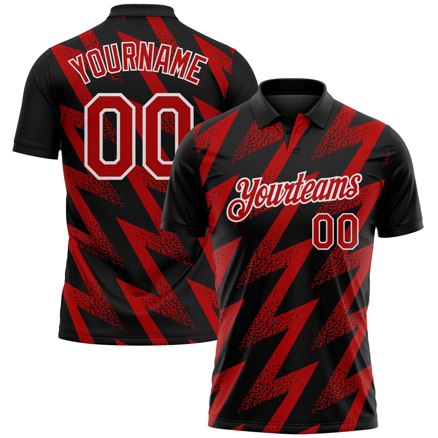 Custom Black Red-White Geometric Zigzag Shape Lightning Performance Polo Shirt - Main View