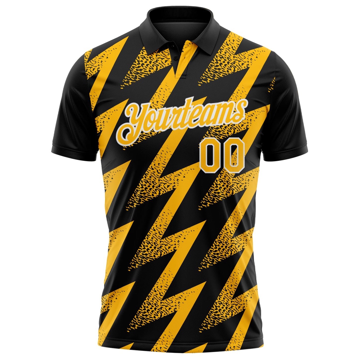 Custom Black Gold-White Geometric Zigzag Shape Lightning Performance Polo Shirt view 2