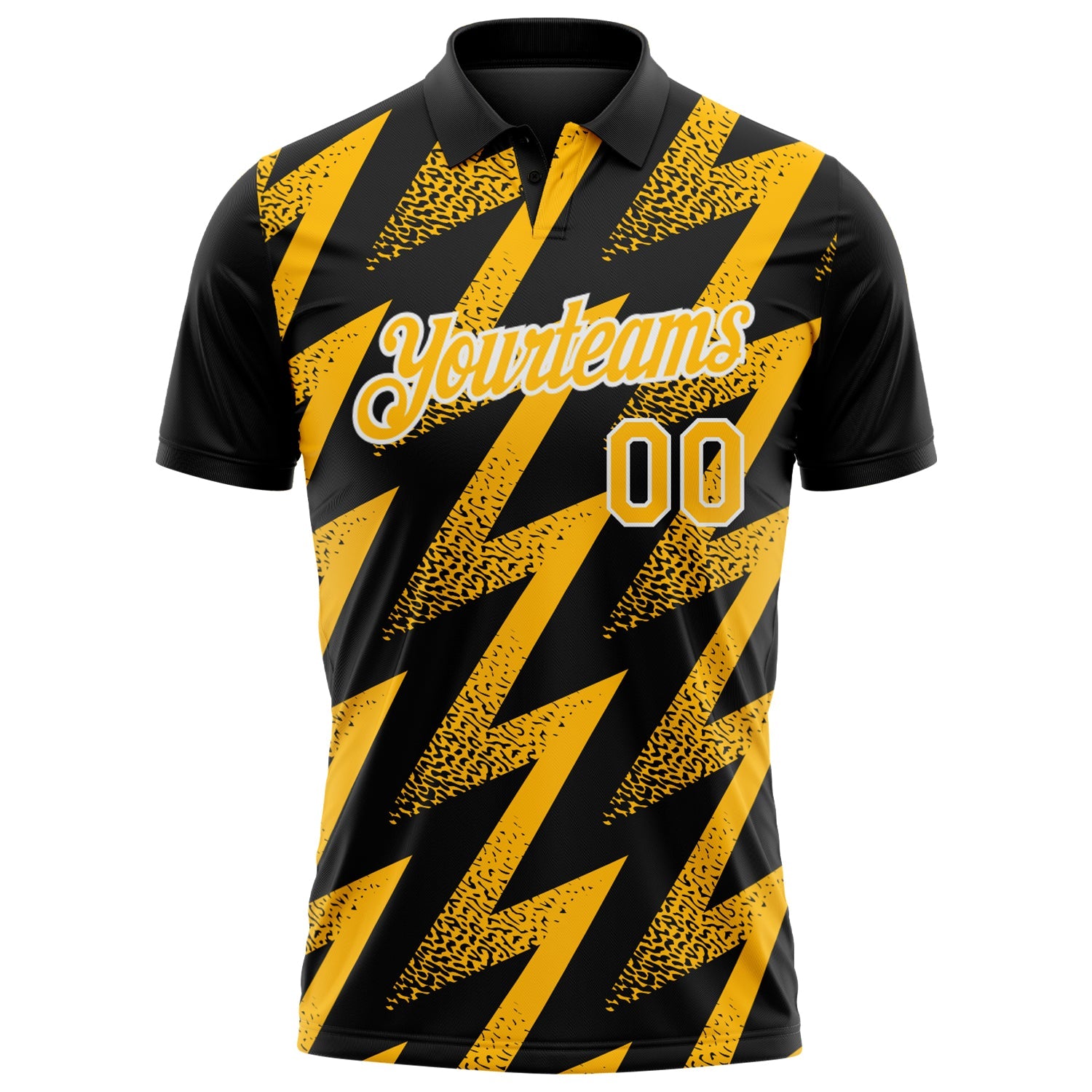 Custom Black Gold-White Geometric Zigzag Shape Lightning Performance Polo Shirt view 2