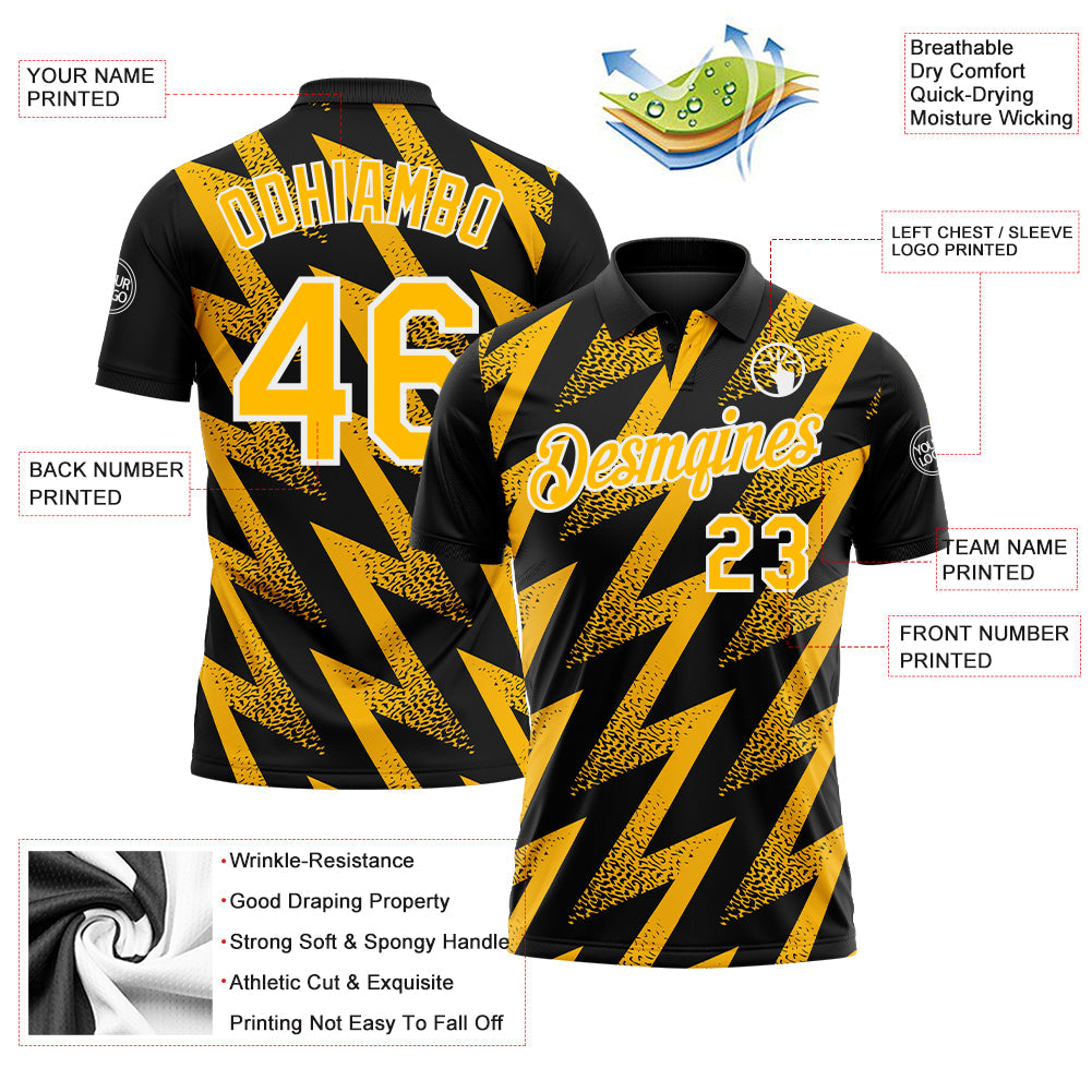 Custom Black Gold-White Geometric Zigzag Shape Lightning Performance Polo Shirt view 3