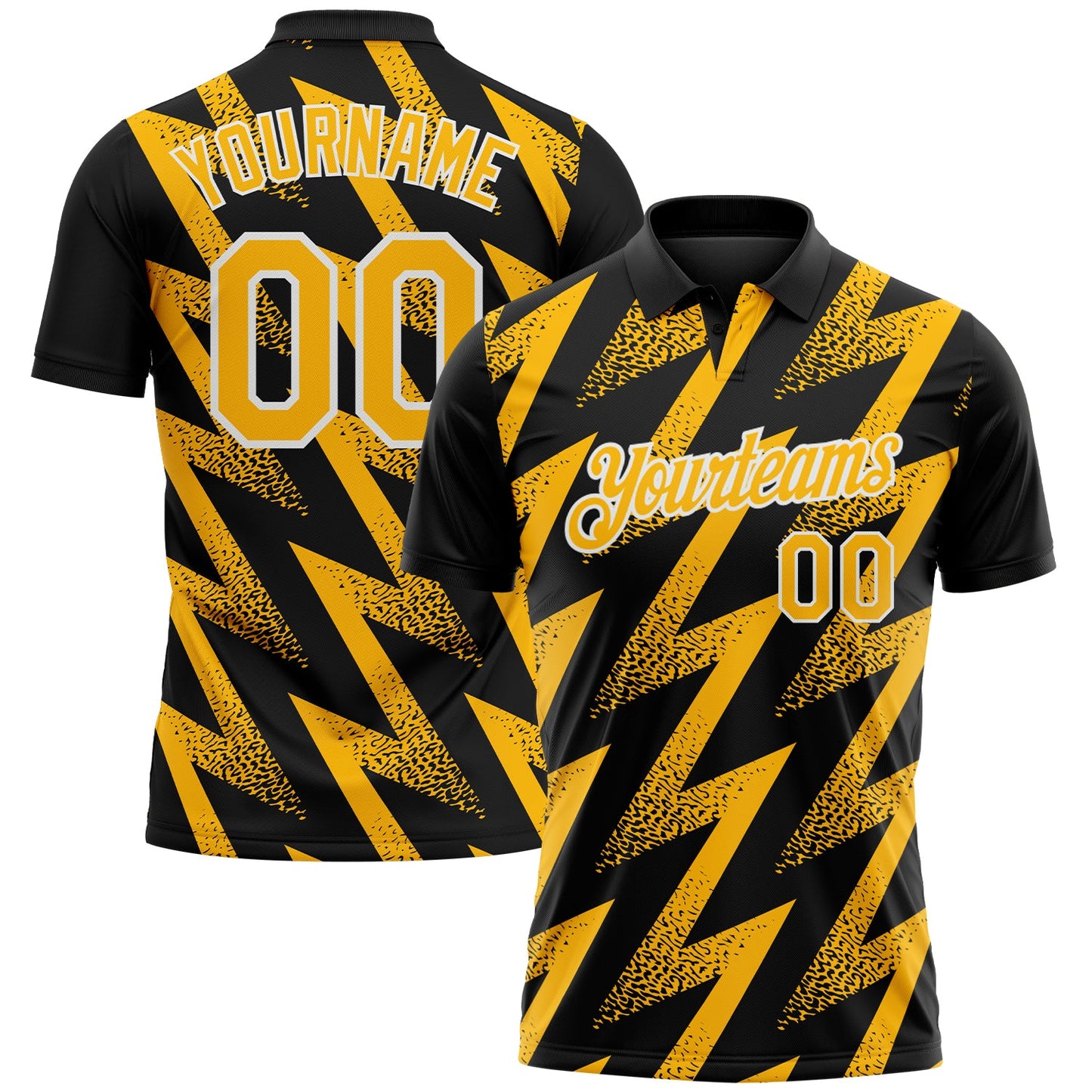 Custom Black Gold-White Geometric Zigzag Shape Lightning Performance Polo Shirt - Main View