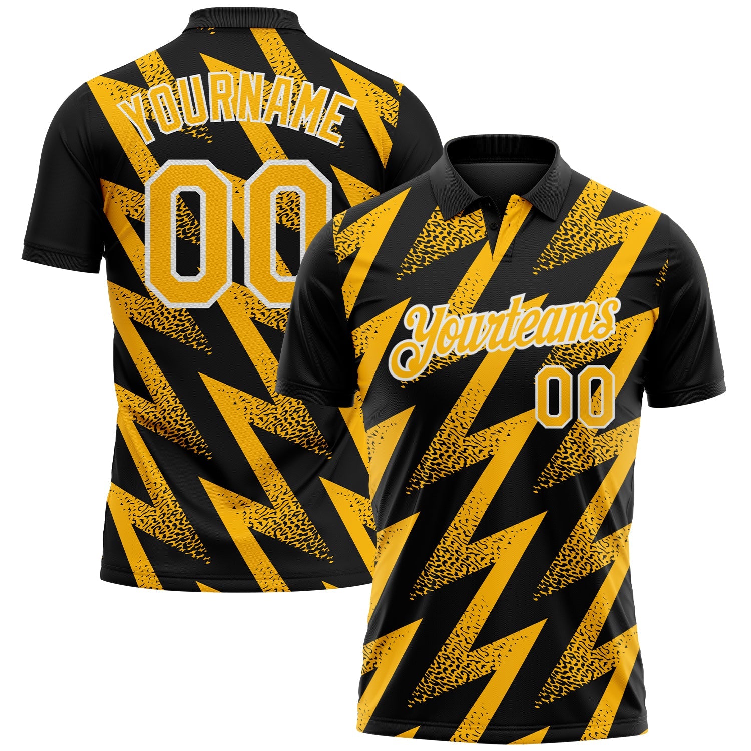Custom Black Gold-White Geometric Zigzag Shape Lightning Performance Polo Shirt - Main View