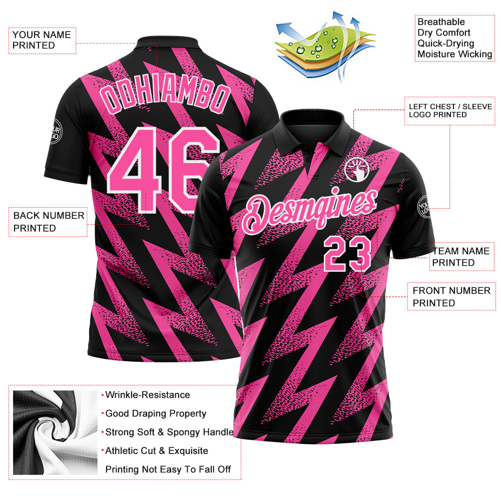 Custom Black Pink-White Geometric Zigzag Shape Lightning Performance Polo Shirt view 3