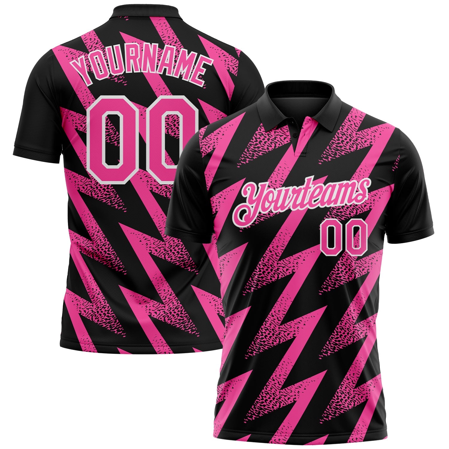 Custom Black Pink-White Geometric Zigzag Shape Lightning Performance Polo Shirt - Main View