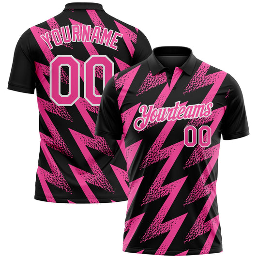 Custom Black Pink-White Geometric Zigzag Shape Lightning Performance Polo Shirt - Main View
