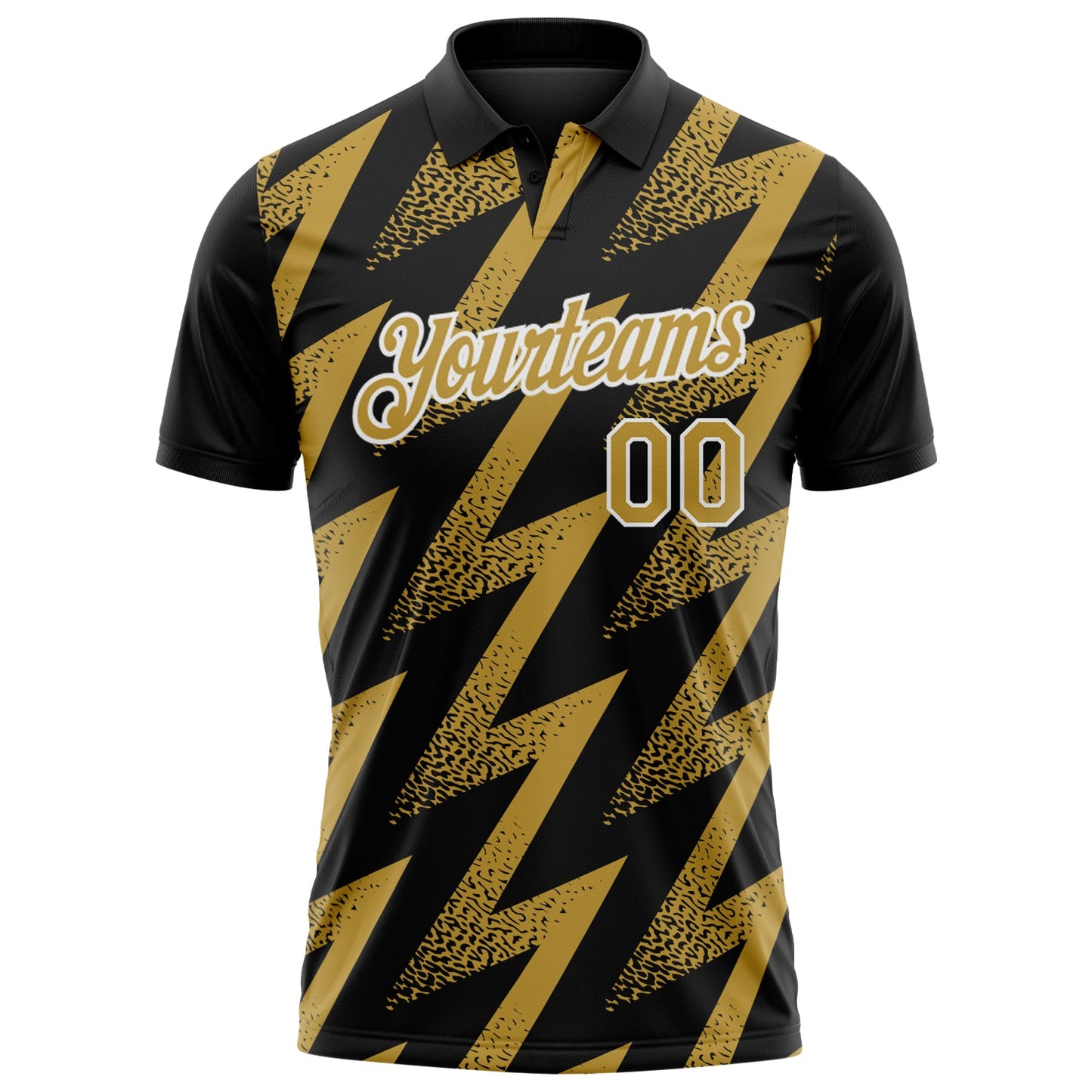 Custom Black Old Gold-White Geometric Zigzag Shape Lightning Performance Polo Shirt view 2